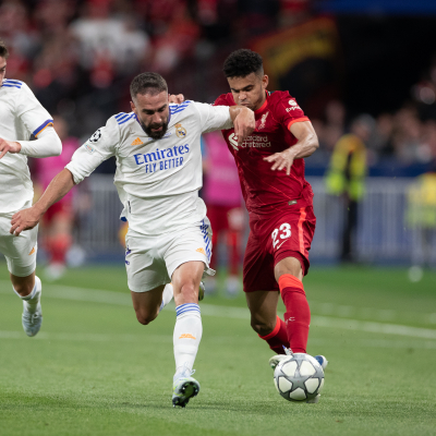 Parigi, Finale della Champions League 21/22, Real Madrid CF-Liverpool FC, giocata allo Stade De France. Nella foto: Dani Carvajal y Luis Diaz
