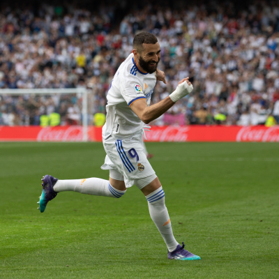 Madrid, LaLiga 21/22, Real Madrid CF-RCD Espanyol, giocata allo stadio Santiago Bernabeu, nella foto: Karim Benzema celebra su gol