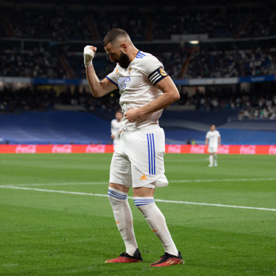 Madrid, LaLiga 21/22, Real Madrid CF-Levante UD, giocata allo stadio Santiago Bernabeu, nella foto: Karim Benzema celebra su gol
