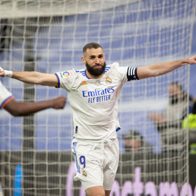 Madrid, LaLiga 2021/2022, Real Madrid CF-Real Sociedad, giocata allo stadio Santiago Bernabeu, nella foto: Karim Benzema celebrando su gol