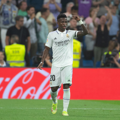 Madrid, LaLiga 2022-2023, Real Madrid CF-CA Osasuna, giocata allo stadio Santiago Bernabeu. Nella foto: Vinicius festeggia il gol del vantaggio del Real Madrid