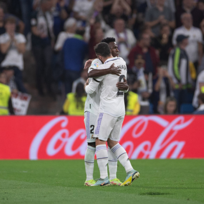 Madrid, LaLiga 2022-2023, Real Madrid CF-CA Osasuna, giocata allo stadio Santiago Bernabeu. Nella foto: Vinicius e Dani Carvajal