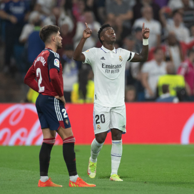 Madrid, LaLiga 2022-2023, Real Madrid CF-CA Osasuna, giocata allo stadio Santiago Bernabeu. Nella foto: Vinicius festeggia il gol del vantaggio del Real Madrid