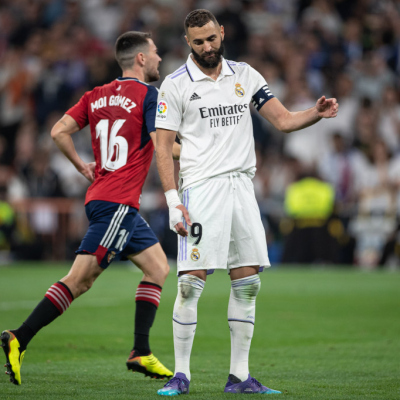 Madrid, LaLiga 2022-2023, Real Madrid CF-CA Osasuna, giocata allo stadio Santiago Bernabeu. Nella foto: Karim Benzema sbaglia il rigore contro l'Osasuna