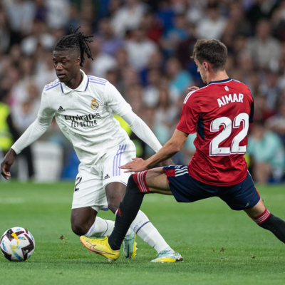 Madrid, LaLiga 2022-2023, Real Madrid CF-CA Osasuna, giocata allo stadio Santiago Bernabeu. Nella foto: Eduardo Camavinga ed Aimar
