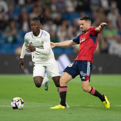 Madrid, LaLiga 2022-2023, Real Madrid CF-CA Osasuna, giocata allo stadio Santiago Bernabeu. Nella foto: Eduardo Camavinga e Moi Gomez