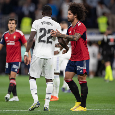 Madrid, LaLiga 2022-2023, Real Madrid CF-CA Osasuna, giocata allo stadio Santiago Bernabeu. Nella foto: Aridane Hernandez e Ferland Mendy